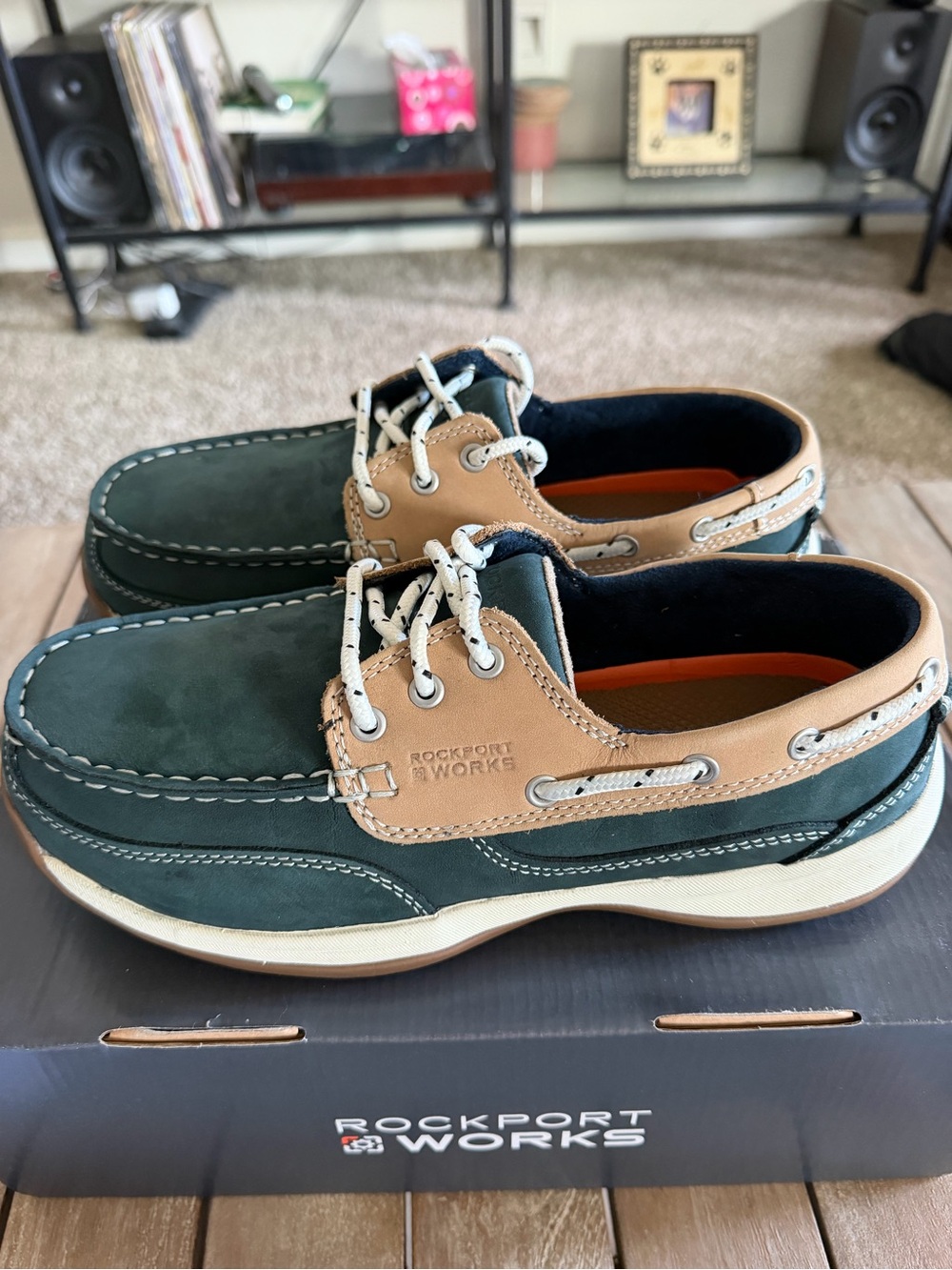 Rockport Women’s steel Toe work shoe. Navy andTan Boat Shoes